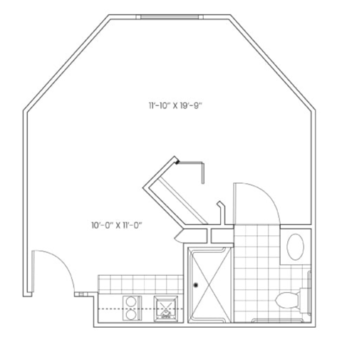 Floor plan for studio, 1 bath, 388 sqft